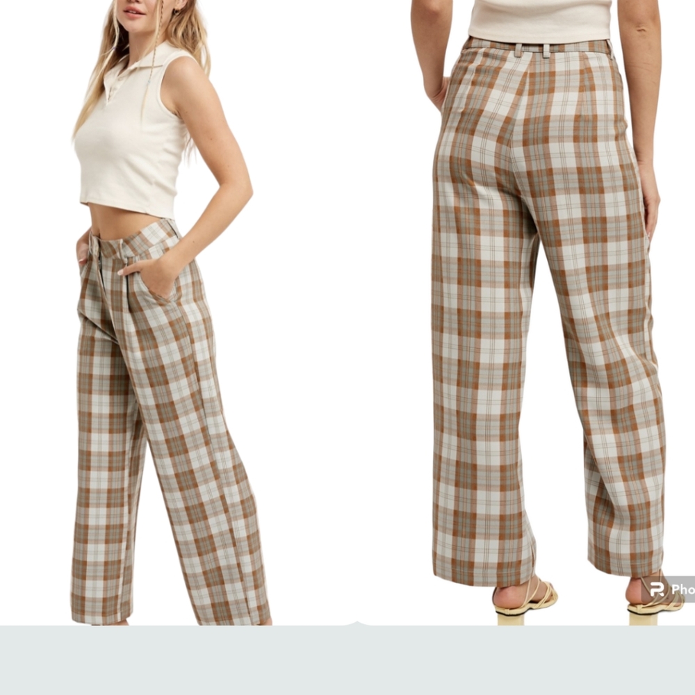 NWT Listicle Size Small Sky Blue Brown Plaid Pleated Wide Leg Trouser Pants - Picture 3 of 16